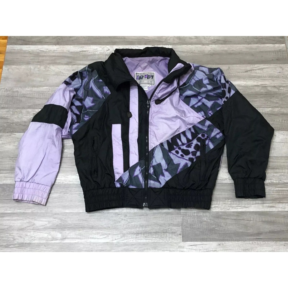 Vintage Y2K East West Windbreaker Jacket Women's‎ M Black Geometric Zip-Up Nylon